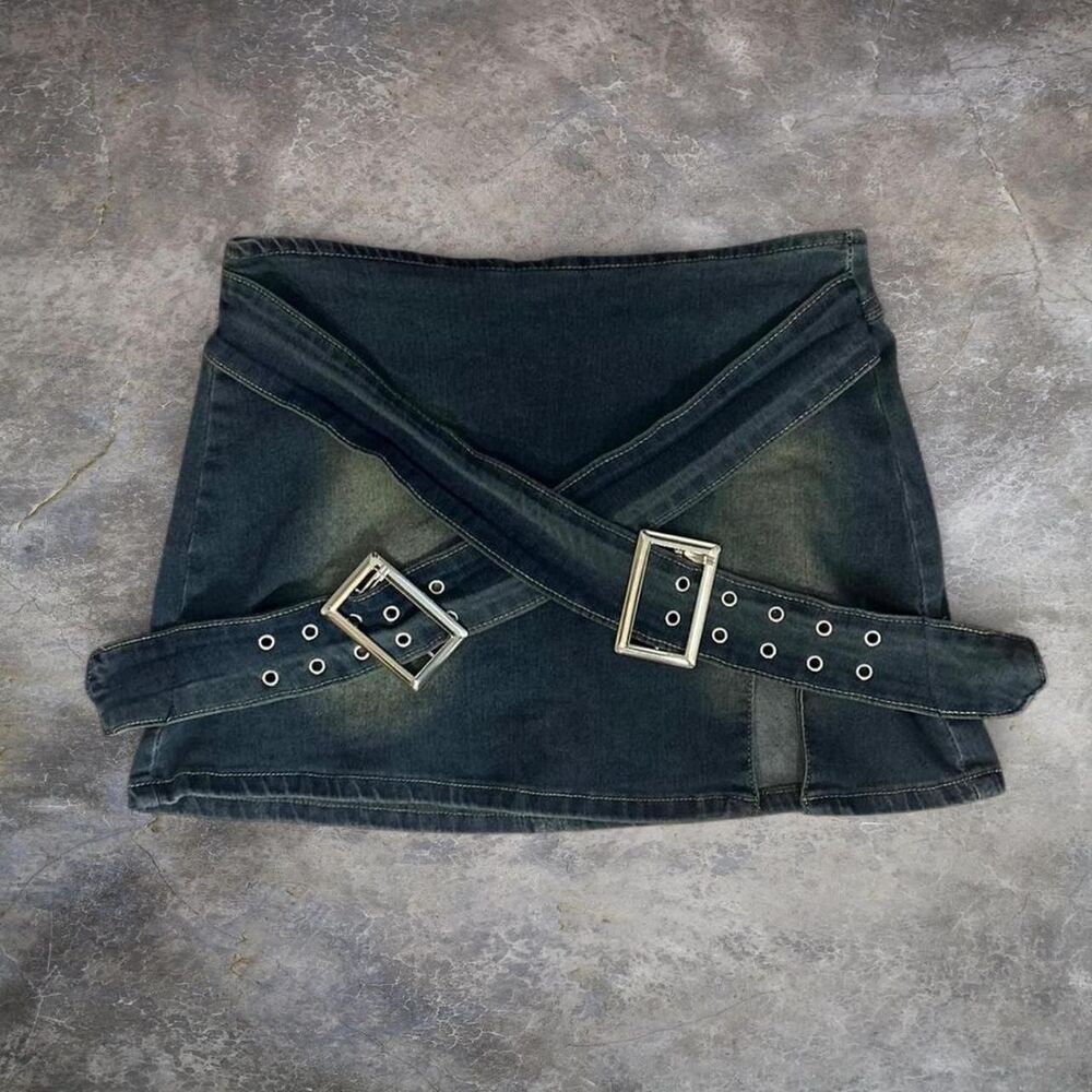 2000s navy denim cross strap skirt